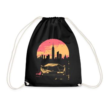 Synthwave 80s Vaporwave Retro Car Skyline Motif - Drawstring Bag - black - Front