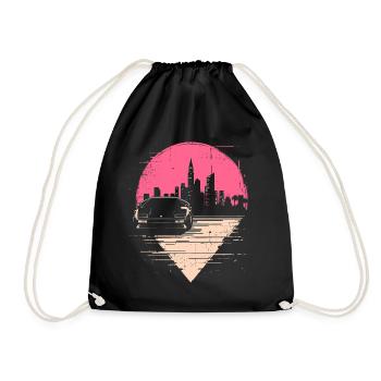 Synthwave 80s Retro Car Skyline Motif Gift - Drawstring Bag - black - Front
