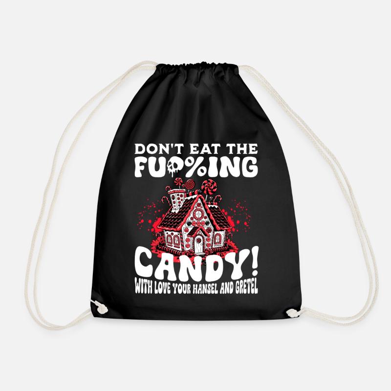 Gingerbread house with candy canes and slogans - Drawstring Bag - black