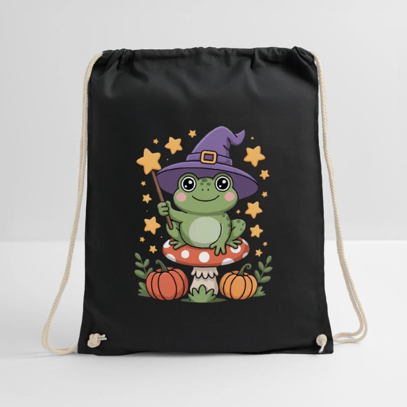 Cute witch frog on toadstool with magic wand Drawstring Bag