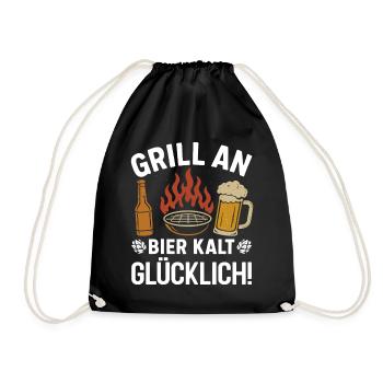 Beer fan GRILL ON BEER COLD HAPPY Funny - Drawstring Bag - black - Front