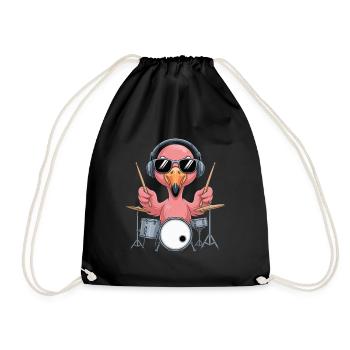 Flamingo Drummer With Headphones - Drawstring Bag - black - Front