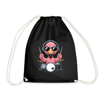 Flamingo Drummer With Headphones And Sunglasses - Drawstring Bag - black - Front