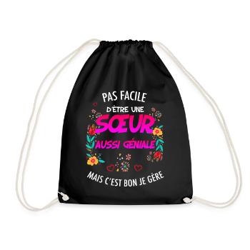 Sister Genius Humor Flowers and Heart - Drawstring Bag - black - Front