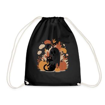 Ghost Pumpkin Cat Cute Halloween Autumn - Drawstring Bag - black - Front