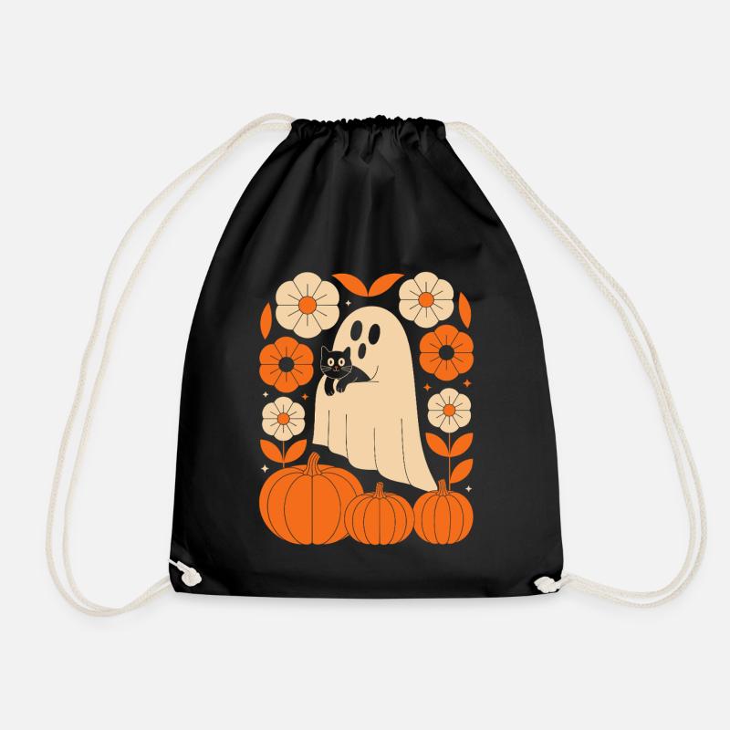 Geist Kürbis Katze Vintage Blumen Halloween Herbst - Turnbeutel - Schwarz