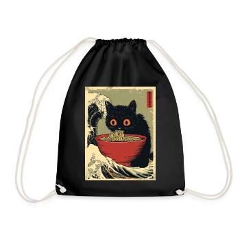 Cute Cat Ramen Noodles Japan Wave Retro Gift - Drawstring Bag - black - Front