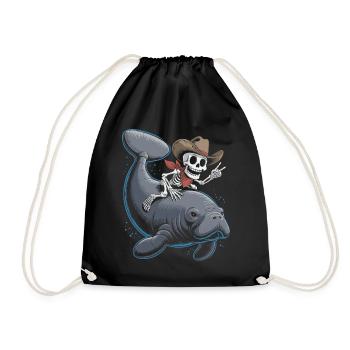 Skeleton cowboy riding manatee - Drawstring Bag - black - Front