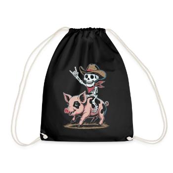 Skeleton cowboy rides pig - Drawstring Bag - black - Front