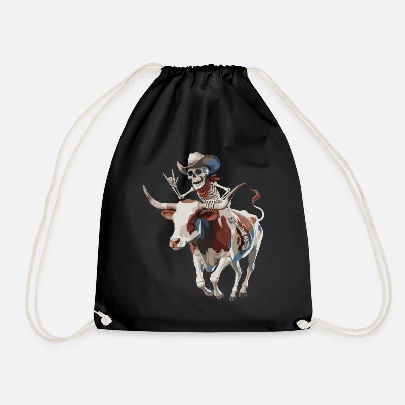 Skeleton cowboy on bull ride - Drawstring Bag - black