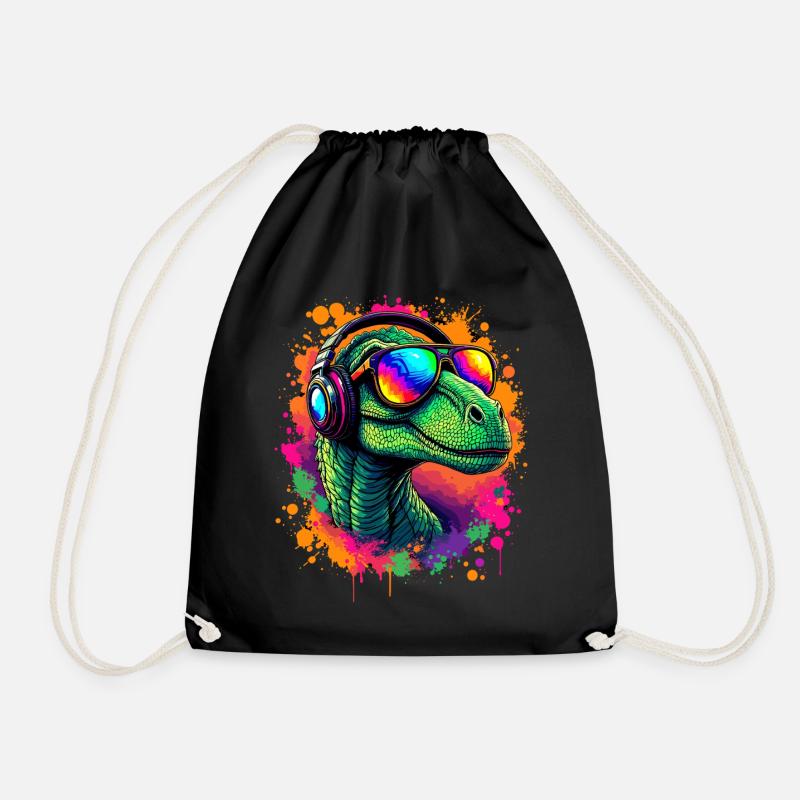 Neon Dino mit Kopfhörern Velociraptor T-Shirt Dino - Turnbeutel - Schwarz