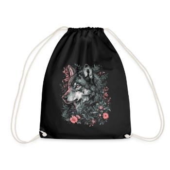 Wolf Wolfskopf Blumen Pflanzen Natur Wildnis Kunst - Turnbeutel - Schwarz - Vorne