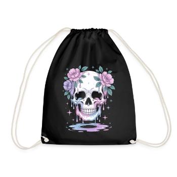 Kawaii Pastel Goth Skull Flowers - Drawstring Bag - black - Front
