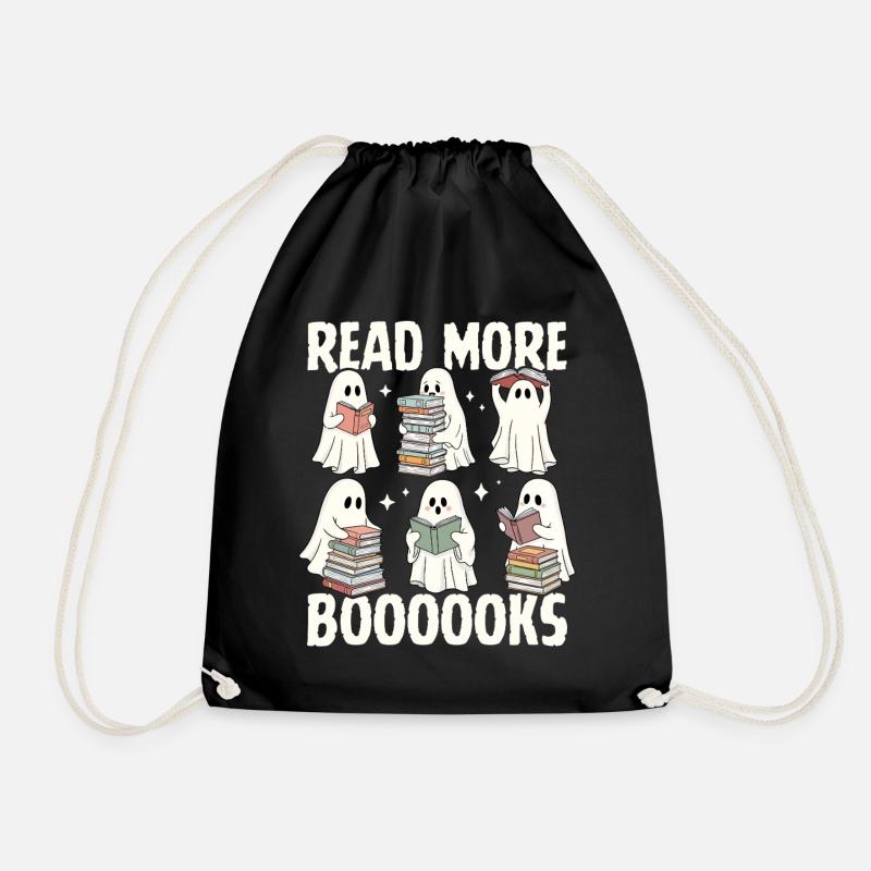 Reading ghosts and stacks of books - Drawstring Bag - black