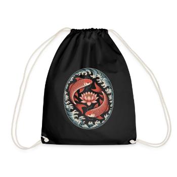 Koi fish and lotus flower in wave art - Drawstring Bag - black - Front