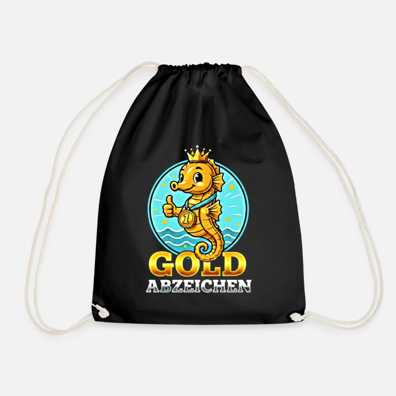 Seepferdchen Gold Abzeichen Schwimmen Leistung - Turnbeutel - Schwarz