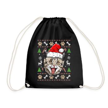 Ugly Christmas Sweater Cute Cat Happy Gift Idea - Drawstring Bag - black - Front