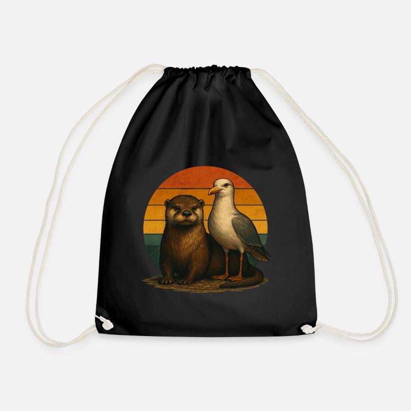 Otter Möwe Retro Tierfreunde - Turnbeutel - Schwarz