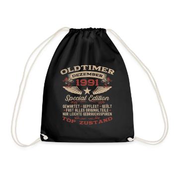 34. Geburtstag Geschenk Oldtimer Dezember 1991 - Turnbeutel - Schwarz - Vorne