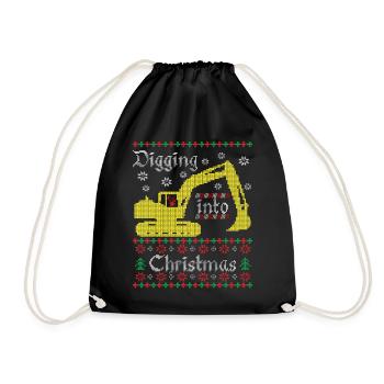 Digging into Ugly Christmas Excavator Construction Worker - Drawstring Bag - black - Front