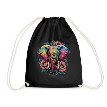 Colorful Elephant with Flowers Boho Animal Love Ethnic - Drawstring Bag - black - Front