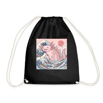 Cute Axolotl Kaiju In Japanese Wave - Drawstring Bag - black - Front