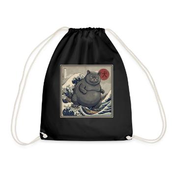 Japanese Kaiju Cat 犬 Big Wave Hokusai - Drawstring Bag - black - Front