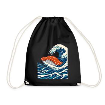 Salmon Sushi on Japanese Ocean Wave  - Drawstring Bag - black - Front