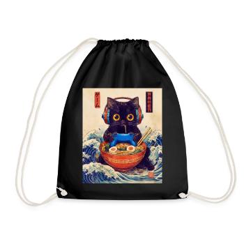 Cat Ramen Japanese Kawaii Cat Anime - Drawstring Bag - black - Front