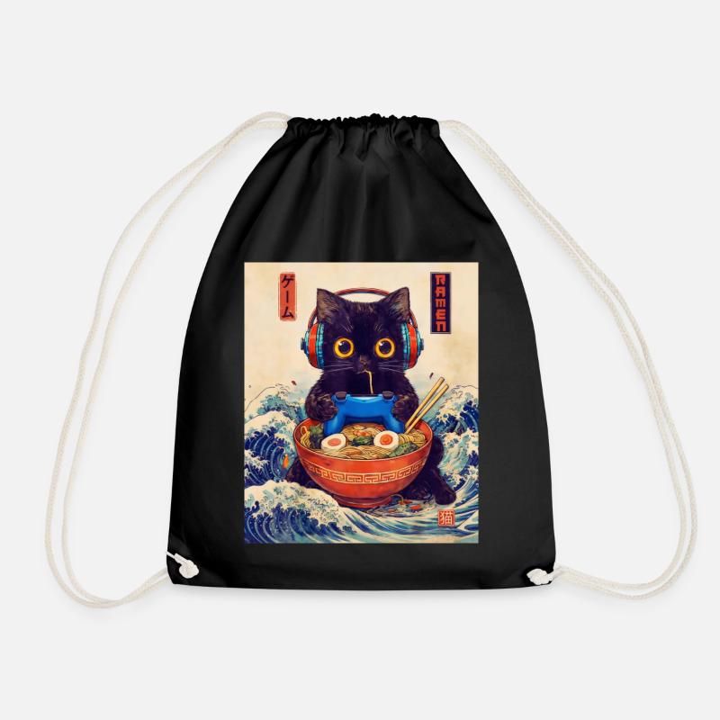 Cat Ramen Japanese Kawaii Cat Anime - Drawstring Bag - black