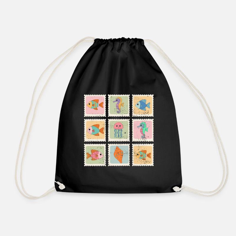 Animals of the Sea Pattern Stamps - Drawstring Bag - black