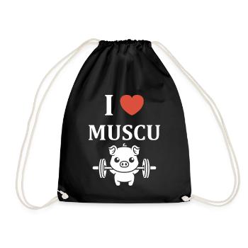 Ich liebe Muscu – ein starkes Schweine-Maskottchen - Turnbeutel - Schwarz - Vorne