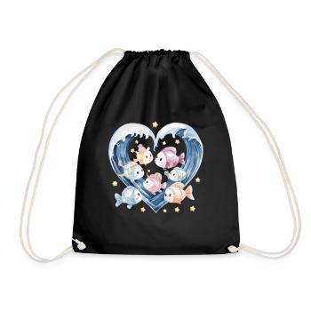 Une famille de poissons mignons au cœur des vagues avec - Sac de sport léger - noir - Devant