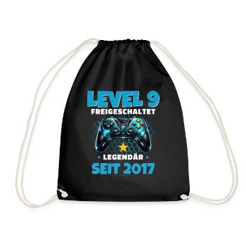9th Birthday Gamer Shirt Level 9 Unlocked - Drawstring Bag - black - Front