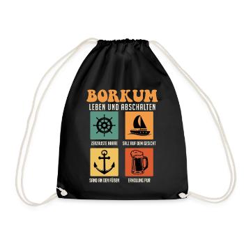 Nordsee BORKUM LEBEN UND ABSCHALTEN Retro Lustig - Turnbeutel - Schwarz - Vorne