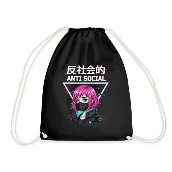 Antisocial Japanese Vaporwave Anime Girl - Drawstring Bag - black - Front