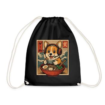 Ramen Corgi Gaming Anime Japanese Noodle Bowl - Drawstring Bag - black - Front