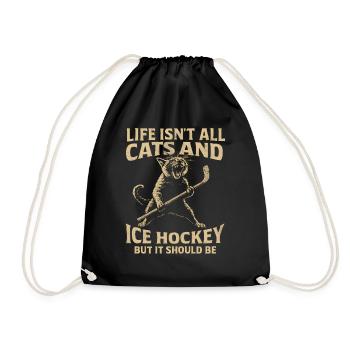 Hockey Katze Humor Eishockey Fan Geschenkidee - Drawstring Bag - black - Front