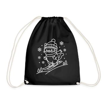 Skiing Kawaii Cat - Drawstring Bag - black - Front