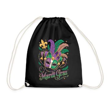 Mardi Gras T-Shirt – Jester Mask with Feathers - Drawstring Bag - black - Front