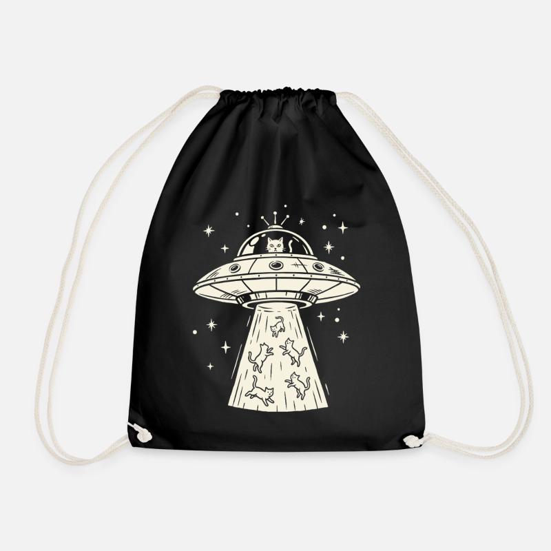 Cats UFO Abduction - Animal Alien Sci-Fi - Drawstring Bag - black