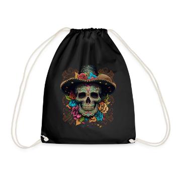 Vibrant Sugar Skull in Floral Sombrero - Drawstring Bag - black - Front