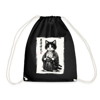 Samurai Cat Japanese Ukiyoe Warrior Kawaii - Drawstring Bag - black - Front