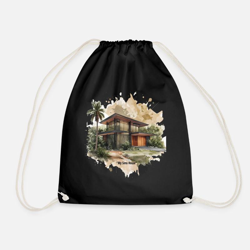 Sims Style Modernist Villa Watercolor - Drawstring Bag - black