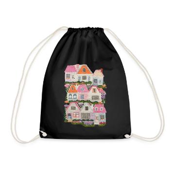 Colorful Houses with Flowers and Trees – Fairytale - Drawstring Bag - black - Front