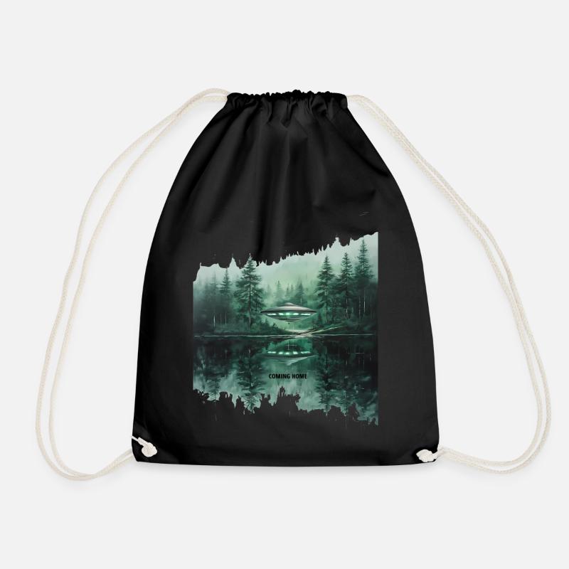 COMING HOME - Futuristic UFO Forest Sanctuary - Drawstring Bag - black
