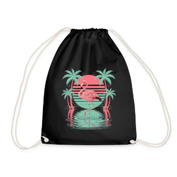 Tropical flamingo palm trees water sunset - Drawstring Bag - black - Front