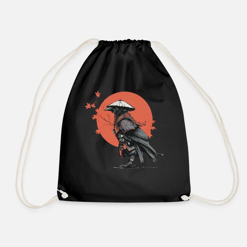 Samurai Crow in Red Moon - Drawstring Bag - black