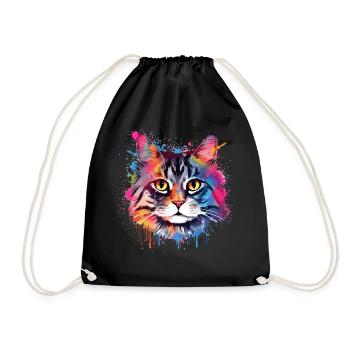 Bunte Splash-Art: Amerikanischer Bobtail-Katzenkopf - Turnbeutel - Schwarz - Vorne