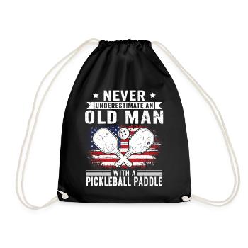 Never underestimate: Old man with pickleball - Drawstring Bag - black - Front